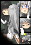  2girls black_hair blue_eyes box cable fainting gaoo_(frpjx283) highres multiple_girls original side_ponytail star surprised tablet-tan translated unconscious white_hair 