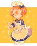  &gt;:3 1girl :3 ? apron armband bandages bow dress hair_bow hat hoshizora_rin love_live!_school_idol_project nurse nurse_cap orange_hair pechika short_hair solo twitter_username yellow_eyes 