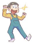  1boy black_hair hono1212 jyushimatsu osomatsu-kun osomatsu-san overalls plaid plaid_shirt pointing pointing_at_self shirt simple_background smile socks sparkle white_background 