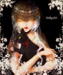 1girl black_background black_cat cat holding_animal holding_cat kusunoki_shii lace long_hair looking_at_viewer original red_lips serious solo veil white_hair yellow_eyes 