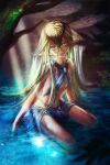  1girl bare_shoulders blonde_hair breasts chain_chronicle elf gem hair_between_eyes headwear highres light_rays long_hair looking_at_viewer maikama necktie parted_lips partially_submerged pointy_ears sitting sleeveless small_breasts solo sunbeam sunlight tree under_boob very_long_hair water 