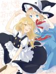  2girls alice_margatroid apron ascot blonde_hair blue_eyes blush broom broom_riding capelet couple hairband hat hat_removed headwear_removed highres kirisame_marisa mary_janes multiple_girls one_eye_closed open_mouth sash shoes touhou tsuno_no_hito waist_apron witch_hat yellow_eyes yuri 