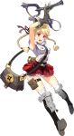  absurdres arms_up artist_request bag blonde_hair boots braid character_request copyright_request floating_hair full_body gloves hair_ribbon highres holding holster kneehighs layered_skirt open_mouth red_eyes ribbon short_sleeves shoulder_bag slingshot solo thigh_holster twin_braids white_background 