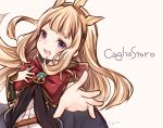  1girl :d artist_name bangs blonde_hair blush bow cagliostro_(granblue_fantasy) cape character_name granblue_fantasy hairband hand_on_own_chest long_hair looking_at_viewer open_mouth outstretched_arm smile solo spikes upper_body violet_eyes yukian 