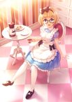  1girl :d apron black-framed_glasses blonde_hair blue_dress blue_eyes blush checkered checkered_floor chest_of_drawers cookie copyright_request cup dress food frilled_apron kurage_(kurakurapix) mary_janes open_mouth pantyhose plate puffy_sleeves shoes short_sleeves sitting smile solo table teacup teapot white_legwear 