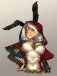  1girl :3 absurdres animal_ears ar_nosurge breasts cleavage dark_skin glasses hand_on_hip highres hood large_breasts long_sleeves nelico_(surge_concerto) ntny rabbit_ears red_eyes simple_background solo surge_concerto white_hair 