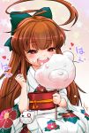 1girl ahoge artist_name bow brown_hair commentary_request cotton_candy eating floral_print hair_bow heart heart-shaped_pupils japanese_clothes kantai_collection kimono kuma_(kantai_collection) lee_(colt) long_hair obi open_mouth sash star starry_background symbol-shaped_pupils yukata 