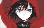  1girl black_hair high_collar highres hooded_cloak looking_at_viewer monochrome multicolored_hair osushi_red patterned portrait redhead ruby_rose rwby short_hair smile solo spot_color two-tone_hair 