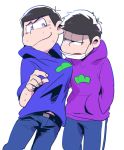  2boys black_hair brothers hoodie ichimatsu jitome karamatsu messy_hair multiple_boys osomatsu-kun osomatsu-san shaded_face shirt_grab siblings single_vertical_stripe smile surgical_mask sweat 