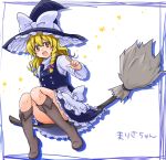  1girl blonde_hair boots bow braid broom broom_riding hat hat_bow kirisame_marisa monrooru open_mouth sash side_braid solo star touhou witch_hat yellow_eyes 