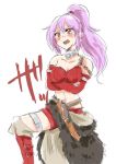  1girl alternate_costume blush boots bow breasts cleavage collar crossed_arms detached_sleeves fur_trim hairband knife long_hair looking_at_viewer one_leg_raised open_mouth ponytail purple_hair red_eyes short_shorts shorts solo strap sweat touhou unya watatsuki_no_yorihime 