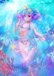  1girl :o absurdres air_bubble animal bikini blue_hair bracelet chain choker clownfish collarbone coral crown fish frills hand_in_hair highres jellyfish jewelry jksh5056 light_rays looking_at_viewer midriff multicolored_hair navel one_leg_raised original personification purple_bikini purple_hair sapphire_(stone) see-through shell small_breasts solo sparkle starfish sunlight swimsuit two-tone_hair underwear violet_eyes water wrist_cuffs 