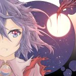  blue_eyes brooch close-up embers fang highres jewelry lavender_hair messy_hair moon multicolored_eyes night night_sky red_eyes remilia_scarlet short_hair sky torn_clothes touhou yam-potong 