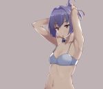  1girl adjusting_hair armpits bra eight_tohyama hair_ornament kantai_collection mouth_hold navel ponytail purple_hair shiranui_(kantai_collection) short_hair simple_background solo underwear violet_eyes 