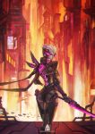  1girl absurdres alternate_costume alternate_hair_color alternate_hairstyle cityscape fiora_laurent from_behind highres holding_weapon league_of_legends lips looking_at_viewer mecha_musume monorirogue solo standing sword urban weapon white_hair 