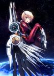  1girl aqua_eyes blonde_hair bodysuit commentary_request earth high_heels highres looking_at_viewer mechanical_wings open_mouth original short_hair solo space star_(sky) ugume wings 