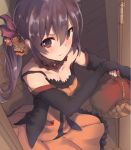 1girl akebono_(kantai_collection) bare_shoulders basket black_gloves breasts brown_eyes brown_hair candy cleavage collar collarbone dress dyson_(edaokunnsaikouya) fingerless_gloves gloves glowing hair_between_eyes hair_ornament hair_ribbon halloween indoors kantai_collection off_shoulder one_side_up open_door orange_dress outstretched_arm pumpkin_hair_ornament ribbon solo teardrop tears wavy_mouth wooden_floor 