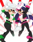  +_+ 2girls alternate_costume aori_(splatoon) arm_up black_hair cropped_jacket fan fangs hotaru_(splatoon) matching_outfit multiple_girls one_eye_closed paper_fan pointy_ears sarashi splatoon tentacle_hair white_hair yellow_eyes 