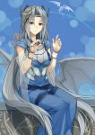  1girl absurdres blue-eyes_white_dragon blue_eyes breasts dragon duel_monster frostcyco highres large_breasts long_hair looking_at_viewer priestess_with_eyes_of_blue silver_hair sitting solo tagme very_long_hair yuu-gi-ou 