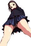  1girl arms_behind_back ass_visible_through_thighs blush brown_eyes brown_hair cardigan from_below highres long_hair looking_at_viewer looking_down matsunaga_kouyou original school_uniform simple_background skirt solo standing thighs upskirt white_background 