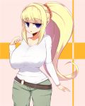  1girl :o belt blonde_hair blush breasts character_request covered_nipples curvy highres huge_breasts jitome long_hair looking_at_viewer pants ponytail rope sawati shirt solo very_long_hair violet_eyes white_shirt 