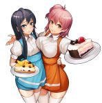  2girls apron bangs black_hair blue_eyes blush breasts brown_eyes buttons cake chocolate closed_mouth collared_shirt dress_shirt food fruit hair_bun hair_ribbon hand_on_another&#039;s_hip holding_plate large_breasts lipstick long_hair looking_at_viewer makeup masin0201 multiple_girls orange_slice outstretched_arms outstretched_hand overalls pink_hair plate puffy_short_sleeves puffy_sleeves red_ribbon ribbon shirt short_hair short_sleeves side_ponytail simple_background small_breasts smile strawberry thigh-highs waist_apron white_background white_legwear white_shirt yahari_ore_no_seishun_lovecome_wa_machigatteiru. yuigahama_yui yukinoshita_yukino 