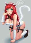  1girl all_fours animal_ears bare_shoulders cat_ears cat_tail facepaint facial_mark fake_animal_ears green_eyes grey_background katarina_du_couteau league_of_legends looking_at_viewer open_mouth paw_pose redhead simple_background solo spichis tagme tail 