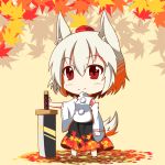  1girl animal_ears autumn_leaves bare_shoulders blush chibi detached_sleeves hat inubashiri_momiji leaf pom_pom_(clothes) red_eyes sarashi short_hair silver_hair simple_background skirt smile solo sword tail tokin_hat touhou weapon wolf_ears wolf_tail yellow_background 