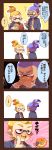  2boys blazer blue_eyes blue_hair cellphone comic dark_skin desk domino_mask emphasis_lines fangs freckles gameplay_mechanics highres inkling long_image mask multiple_boys orange_hair phone pink_eyes ponytail reading school_uniform sitting smartphone splatoon tall_image thumbs_up translation_request 