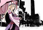  1girl blonde_hair breasts building city dress gradient_eyes hat hat_ribbon holding_umbrella long_sleeves looking_afar mob_cap momokurianzu multicolored_eyes parted_lips ribbon ribbon_trim road small_breasts solo street tabard touhou tree umbrella violet_eyes white_dress wide_sleeves yakumo_yukari yellow_eyes 