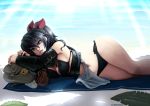  1girl ar_tonelico ar_tonelico_i barbariank beach beach_towel bikini black_bikini black_hair blue_eyes detached_sleeves hair_ribbon lips long_hair looking_at_viewer lying misha_arsellec_lune navel on_side ribbon sarong side-tie_bikini solo swimsuit 