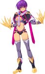  1girl boots breasts claw_(weapon) claws cleavage cleavage_cutout full_body knee_boots long_sleeves looking_at_viewer purple_hair revealing_clothes short_hair short_shorts shorts simple_background smile solo standing tamiya_akito violet_eyes white_background 
