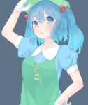  1girl adjusting_clothes adjusting_hat arm_up blue_background blue_hair blush gloves hair_bobbles hair_ornament hand_on_hip hat kawashiro_nitori looking_at_viewer open_mouth puffy_sleeves sakurea shirt short_sleeves simple_background solo sweat touhou twintails upper_body white_gloves wrench 