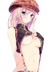  1girl alisa_ilinichina_amiella aramachi arm_behind_back bare_arms black_gloves blonde_hair blue_eyes blush breasts checkered_hat cowboy_shot fingerless_gloves gloves god_eater hat highres looking_at_viewer midriff navel simple_background solo suspenders under_boob white_background 