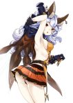  1girl 218 :o animal_ears arched_back arm_behind_head armpits belt black_panties blue_gloves blue_hair breasts brown_eyes cape cowboy_shot earrings ferri_(granblue_fantasy) gloves granblue_fantasy halloween hat holding holding_cape jack-o&#039;-lantern jewelry long_hair looking_at_viewer mini_top_hat open_mouth panties pantyshot pleated_skirt rabbit_ears sideboob simple_background skirt sleeveless solo top_hat underwear white_background 