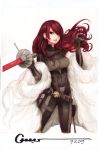  1girl belt bodysuit breasts curly_hair fur fur_coat gun hair_over_one_eye handgun holster kirijou_mitsuru lips long_hair looking_at_viewer omar_dogan open_mouth persona persona_3 persona_4:_the_ultimate_in_mayonaka_arena pistol rapier red_eyes redhead smile solo sword thigh_holster traditional_media weapon 