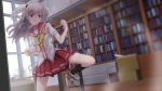  1girl blue_eyes bookshelf charlotte_(anime) highres kicking nya_tani_(py753) sailor_collar school_uniform silver_hair solo tomori_nao two_side_up 