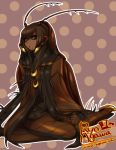  1girl agawa_ryou antennae artist_name black_sclera brown_hair cockroach commentary_request dark_skin drooling insect open_mouth original outline personification polka_dot polka_dot_background sitting watermark web_address yellow_eyes 