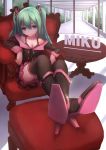  1girl absurdres boots bra chair character_name green_eyes green_hair hatsune_miku high_heels highres long_hair looking_at_viewer nya_tani_(py753) sitting smile solo sweet_devil_(vocaloid) table thigh-highs twintails underwear vocaloid 