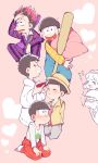  1girl 6+boys baseball_bat brothers brown_hair chibi choromatsu closed_eyes clothes_around_waist cosplay cup drinking_glass eyeshadow glasses hat heart heart_in_mouth highres ichimatsu jacket_around_waist jikuno jyushimatsu karamatsu makeup male_focus messy_hair multiple_boys object_hug osomatsu-kun osomatsu-san osomatsu_(osomatsu-kun) overalls pillow pink_background redhead robe seiza sextuplets siblings simple_background sitting smile todomatsu tongue tongue_out totoko_(osomatsu-kun) wine_glass x-japan 