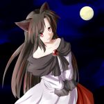  1girl animal_ears ao-shiba brooch brown_hair clenched_teeth collarbone full_moon grin imaizumi_kagerou jewelry long_hair moon red_eyes smile solo touhou wolf_ears 