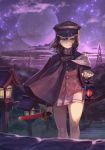  1girl akitsu_maru_(kantai_collection) black_hair cape gloves hat highres kantai_collection katahira_(hiyama) lamp moon peaked_cap scenery short_hair skirt solo sword uniform weapon 