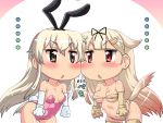  2girls ass bare_shoulders bikini blonde_hair brown_eyes brown_gloves brown_legwear cheek-to-cheek elbow_gloves gloves gradient_hair hair_ornament hair_ribbon hairclip hase_yu kantai_collection long_hair micro_bikini multicolored_hair multiple_girls paw_gloves pink_hair red_eyes ribbon shimakaze_(kantai_collection) sidelocks swimsuit tail thigh-highs triangle_mouth white_gloves white_legwear yuudachi_(kantai_collection) 