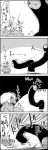  1girl 4koma aki_shizuha bow comic commentary_request hair_bow hair_ornament halloween halloween_costume hat highres kaonashi kaonashi_(cosplay) leaf_hair_ornament monochrome running sen_to_chihiro_no_kamikakushi tani_takeshi touhou translation_request yukkuri_shiteitte_ne 