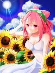  1girl bare_shoulders blush breasts cleavage deruzo dress flower hacka_doll hacka_doll_2 highres large_breasts long_hair looking_at_viewer pink_eyes pink_hair smile solo sun sundress sunflower 