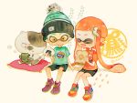  1boy 1girl beanie cat cheek_bulge cup cushion domino_mask eating fangs food green_hair hair_ornament hairclip hat inkling mask mug onigiri orange_hair pechika sandwich shoes shorts sitting splatoon t-shirt tentacle_hair twitter_username yellow_eyes 