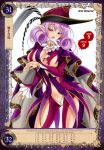  1girl blush breasts cape curly_hair despina_(queen&#039;s_blade) hat highres kure_masahiro large_breasts long_hair long_sleeves looking_at_viewer open_mouth pointy_ears purple_hair queen&#039;s_blade queen&#039;s_blade_grimoire revealing_clothes simple_background solo torn_clothes violet_eyes white_background 