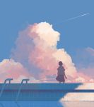  1girl airplane bangqiao_yan black_hair clouds condensation_trail from_behind looking_afar muted_color original pool scenery shirt short_hair skirt sky solo striped striped_shirt sunset wind 