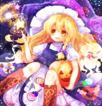  1girl blonde_hair boots bow braid candy ghost_tail halloween hat hat_bow jack-o&#039;-lantern kirisame_marisa long_hair mayo_(mayomr29) open_mouth side_braid solo star touhou witch_hat yellow_eyes 
