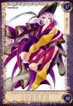  1girl ass breasts cape covered_nipples curly_hair despina_(queen&#039;s_blade) dutch_angle hat high_heels highres kure_masahiro large_breasts long_hair long_sleeves looking_at_viewer looking_down open_mouth pointy_ears purple_hair queen&#039;s_blade queen&#039;s_blade_grimoire revealing_clothes sideboob simple_background solo under_boob violet_eyes white_background 